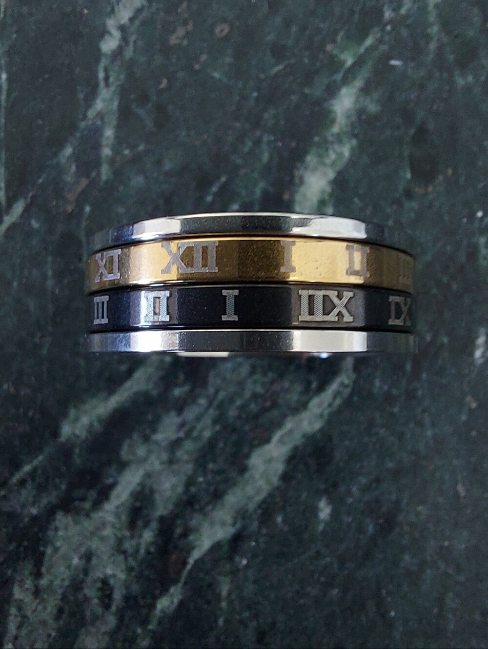 Men's Roman Numeral Stainless Steel Spinner Band Ring - Black Gold Silver